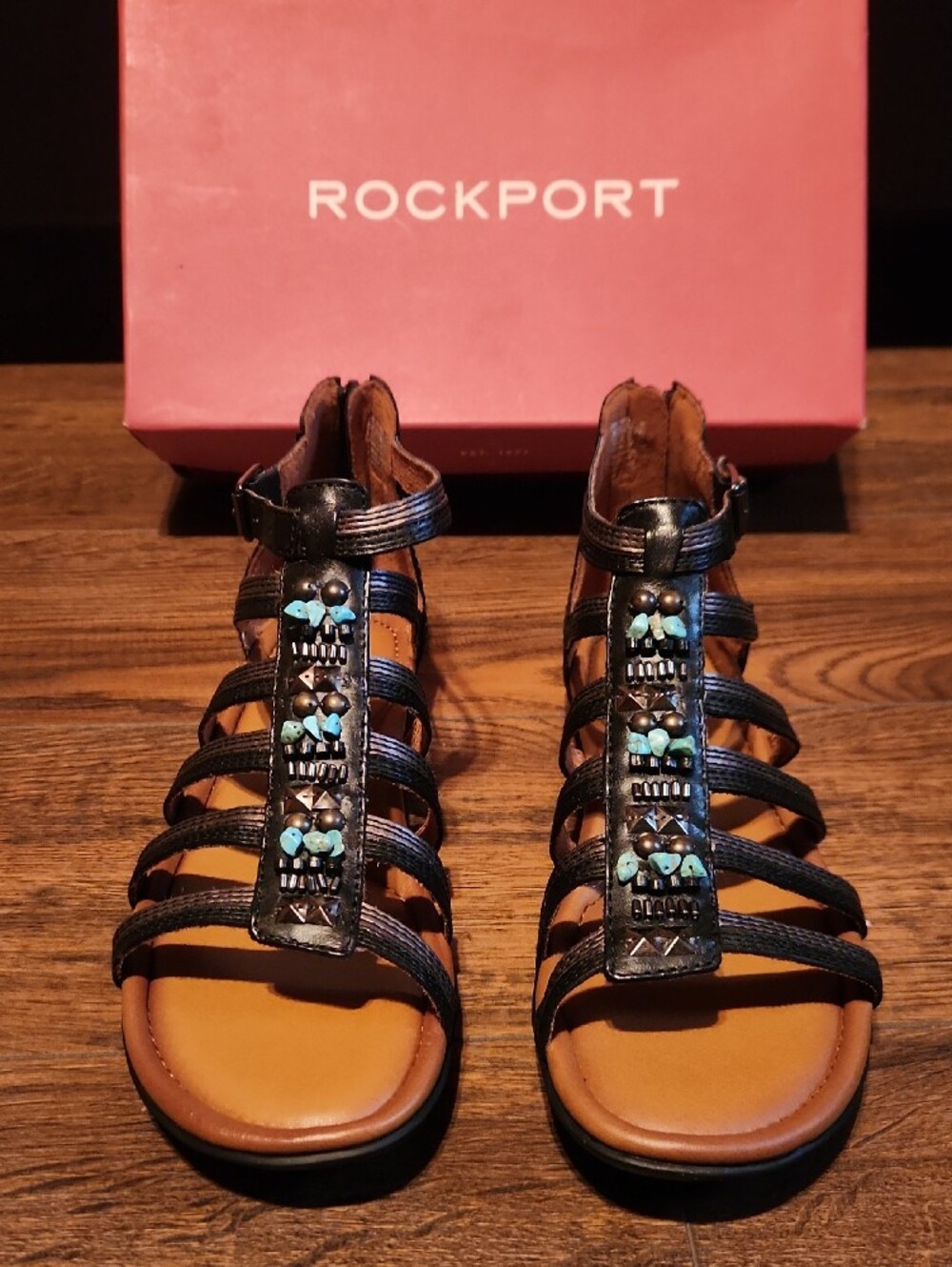Women Rockport Black Strappy Sandals with Turquoise Accents - Picture 3 of 9
